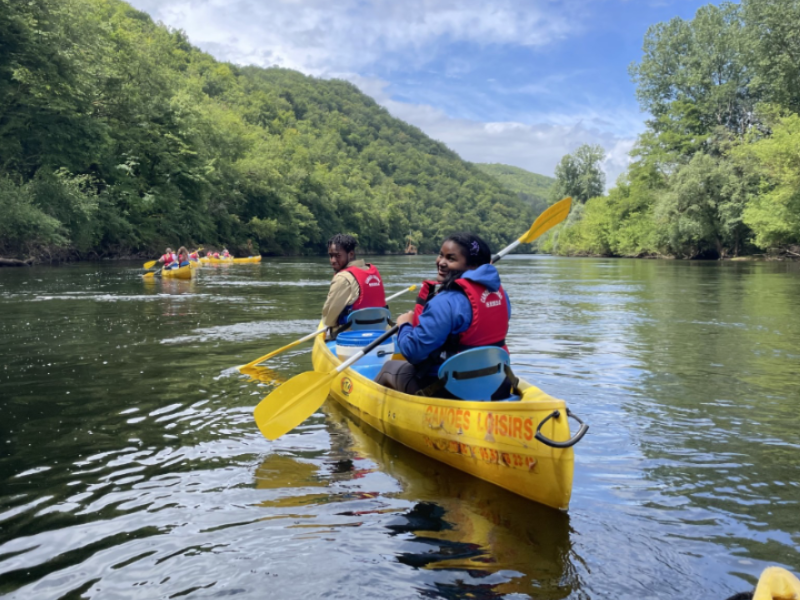 Calcea Johnson (right) kayaks during her study abroad experience in France. Calcea Johnson (right) kayaks during her study abroad experience in France.