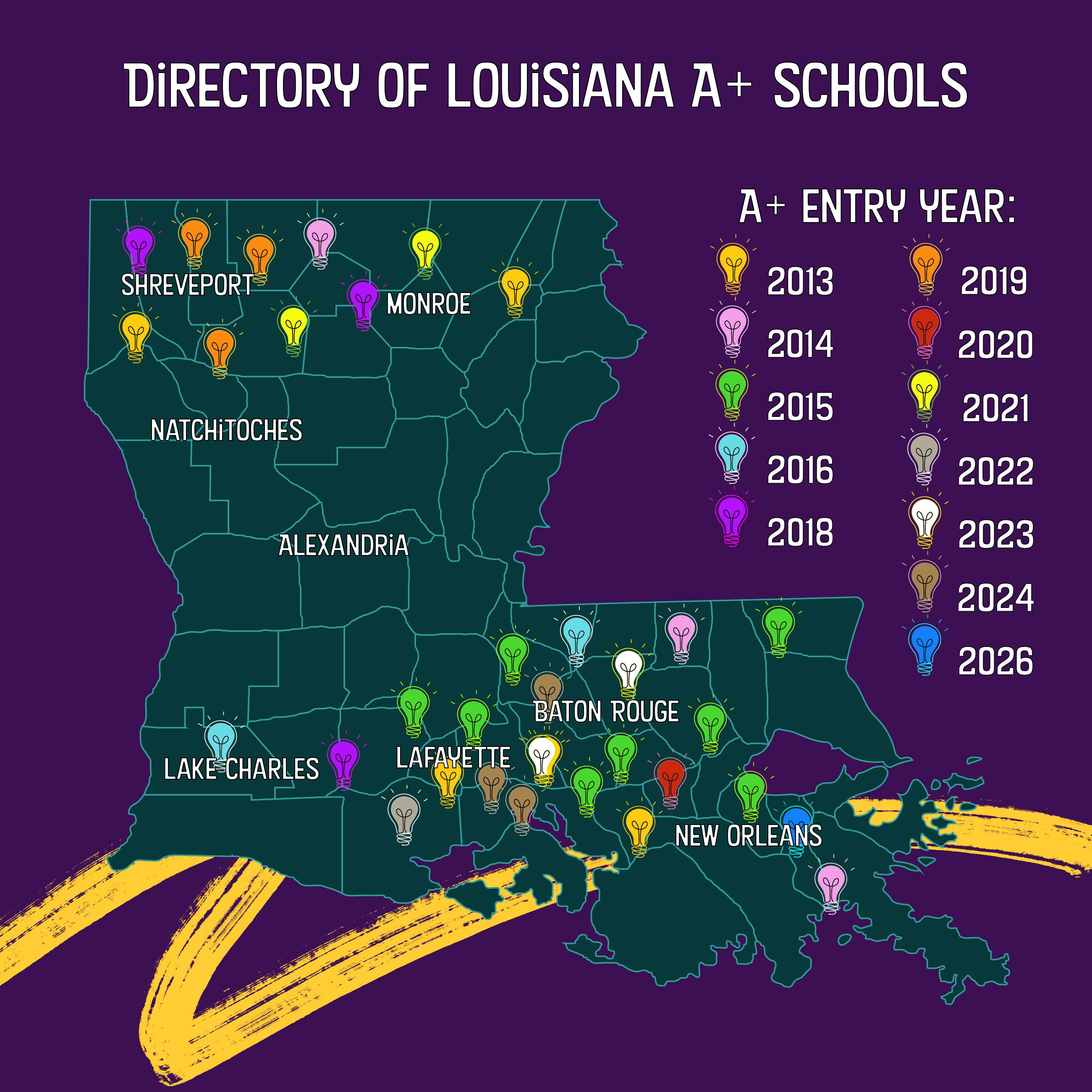 map of louisiana listing years from 2013 to 2024 with a lightbulb icon representing each of the 30 schools
