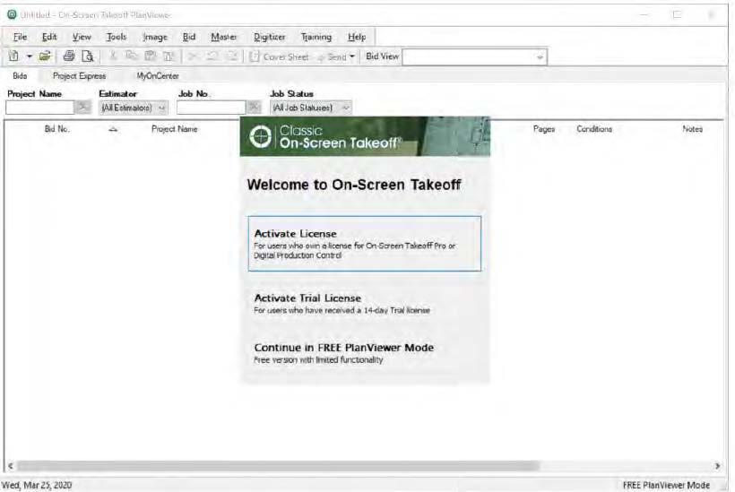 Open On-Screen Takeoff 3. It is still not the full version since it has not been licensed. If you look at the bottom write corner of the OST home screen you will see “FREE PlanViewer Mode” which means it is a trial version.