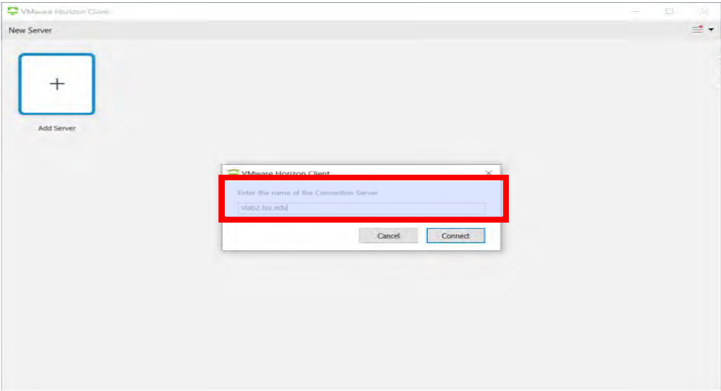 Enter the name of the Connection Server vlab2.lsu.edu and click Connect and then click Accept.