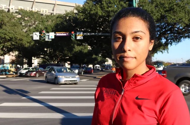 Image of Mari Dehrab LSU student Mari Dehrab returns to the crosswalk she was waiting to cross when she was hit by a car.