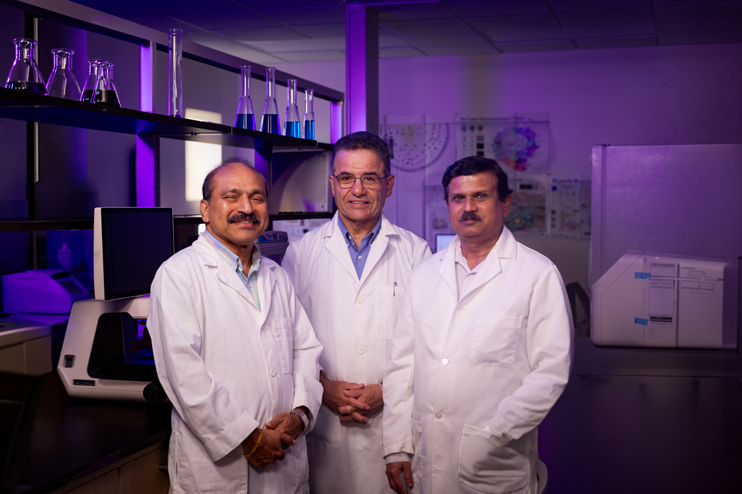 Drs. Joseph Francis, Gus Kousoulas, and Seetharama Jois in the lab