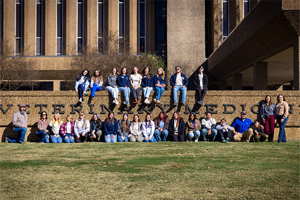 undergrad students in front of the LSU Vet Med building